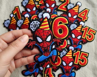 Geborduurde CUSTOM Spider-verjaardagspatch, aangepast nummer opstrijkbare patch, gepersonaliseerde leeftijdspatch voor kinderen verjaardagsoutfit, superheld feestcadeau