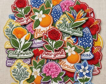 State Flower Embroidered Patch, USA 250th America Set, Independence Day Anniversary Patch, California Texas New York Patch, Patriotic Gift