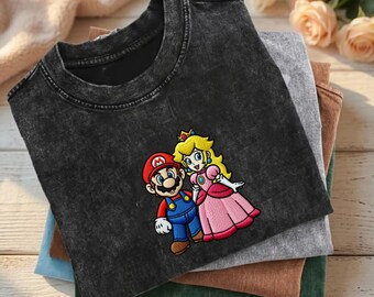 Couple Mario & Peach Embroidered Mineral Wash, Vintage Cartoon Tee, Valentine Couples Shirts, Games Shirt, Valentines Gift For Her Him