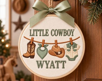Personalized Little Cowboy Embroidered Ornament, Western Christmas Hoop, Baby Boy First Christmas Gift, Baby Shower Gift, Holiday Gift