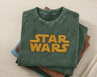 Star Wars 2026 Embroidered Mineral Wash Tee, Vintage Movie Shirt, Full Front Logo Design, Sci Fi Fan Gift, Disney Style Graphic