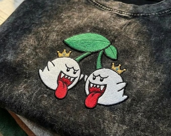 King Boo Embroidered Mineral Wash Tee, Cute Cherry Ghost Shirt, Kawaii Halloween Tee, Mario Game Tee, Gift For Him