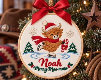 Personalized Highland Cow Embroidered Christmas Ornament, Merry Moo-mass Christmas Decor, Newborn Gift, Holiday Decor, Baby Shower Gift
