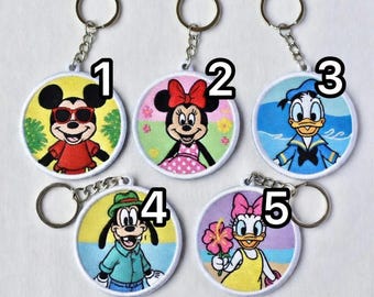 Embroidred Disney Summer Keychain Set, Friends Mickey Minnie Donald Daisy Goofy Keychain, Hawaii Vacation Gift, Cute Cartoon Bag Charm