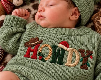 Howdy Cowboy Christmas Embroidered Baby Sweater, Western Toddler Knit Jumper, Xmas Baby Gift, Coming Home Outfit