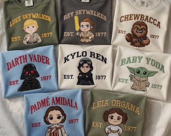 Embroidered Vintage Star Wars Characters Comfort Colors Shirt, Luke Skywalker Darth Vader Baby Yoda Tee, Disney Movie Shirt, Retro Fan Gift