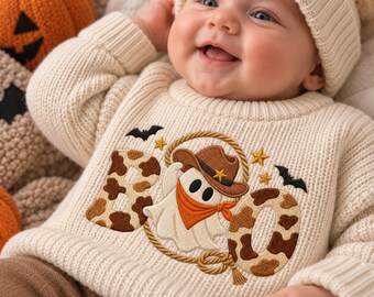 Cowboy Ghost Embroidered Baby Sweater, Western Halloween Knit Jumper, BOO Lasso Baby Shower Gift, Spooky Season Holiday Baby Gift