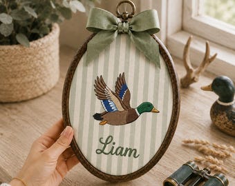 Personalized Flying Mallard Duck Embroidered Oval Hoop, Custom Duck  Baby Name Sign, Waterfowl Baby Room Wall Art, Newborn Keepsake Gift