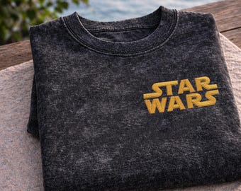 Vintage Star Wars Embroidered Mineral Wash Tee, Left Chest Logo Shirt, Minimalist Sci Fi Top, Retro Movie Fan Gift, Disney Style