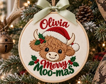 Personalized Merry Moo-Mass Embroidered Ornament, Highland Cow Christmas Baby Name Hoop, Newborn Gift, Holiday Decor, Baby Shower Gift