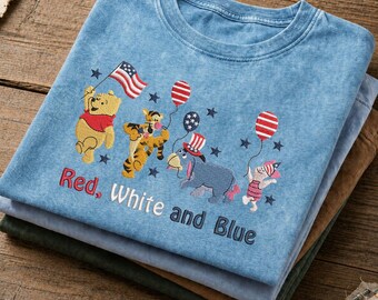 Winnie The Pooh USA 250th Embroidered Mineral Wash Tee, Tigger Eeyore Piglet Balloon Shirt, USA Independence Day 250 Years Celebration Gift