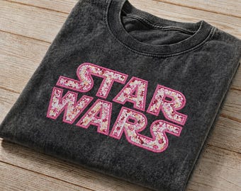 Floral Star Wars Embroidered Mineral Wash T-Shirt, Applique Vintage Girly Galaxy Tee, Cute Sci-Fi Movie Shirt, Aesthetic Fan Gift For Her