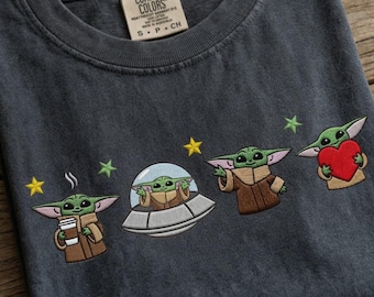Grogu Baby Yoda Embroidered Comfort Colors T-Shirt, Star Wars Tee, Kawaii Cartoon Shirt, Disneyland Outfit, Cute Fan Gift