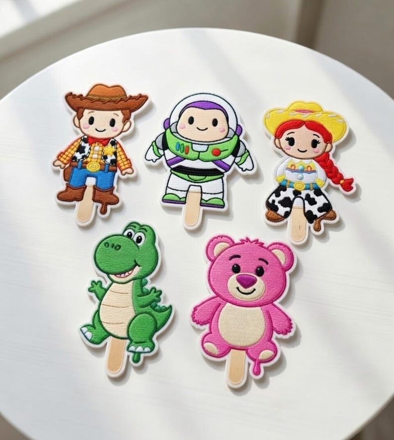 K&ouml;nnte beinhalten: F&uuml;nf Aufn&auml;her mit Charakteren auf St&auml;ben, darunter ein Cowboy, ein Weltraumranger, ein Cowgirl, ein gr&uuml;ner Dinosaurier und ein rosa B&auml;r. Jeder Aufn&auml;her hat ein detailliertes Stickdesign auf wei&szlig;em Hintergrund.