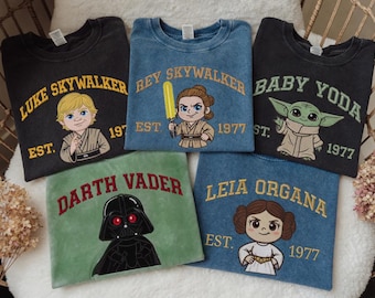 Embroidered Vintage Star Wars Characters Mineral Wash T-Shirt, Luke Skywalker Darth Vader Baby Yoda Tee, Disney Movie Fan Gift