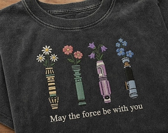 Floral Lightsaber Embroidered Mineral Wash T-Shirt, Star Wars Flower Tee, Vintage Washed Disney Shirt, Galaxy Edge Trip Fan Gift