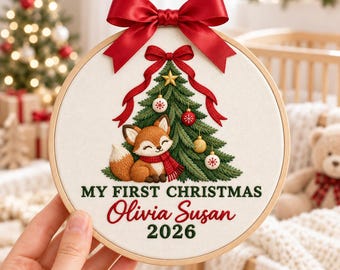 Personalized Fox Christmas Embroidered Ornament, Custom Name Woodland Animal First Christmas Decor,  Holiday Decor, Newborn Gift, Xmas Gift