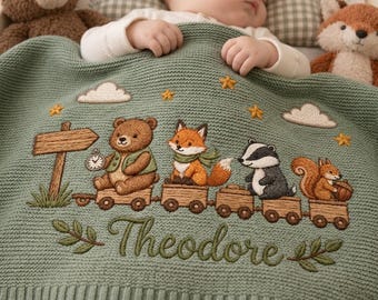 Custom Forest Animal Train  Embroidered Knit Baby Blanket, Bear Fox Badger Squirrel Knit Throw, Woodland Nursery Keepsake, Baby Shower Gift