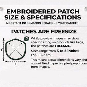 K&ouml;nnte beinhalten: Eine informative Grafik &uuml;ber gestickte Aufn&auml;her. Der Text lautet "Gr&ouml;&szlig;e und Spezifikationen der gestickten Aufn&auml;her". Aufn&auml;her sind in Einheitsgr&ouml;&szlig;e erh&auml;ltlich, von 7,6 bis 12,7 cm. Das Bild enth&auml;lt eine Skizze eines Aufn&auml;hers mit Ma&szlig;en.