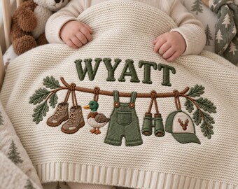 Personalized Hunting Mallard Duck Embroidered Knit Baby Blanket, Western Overalls Hat Clothesline Throw, Newborn Keepsake, Baby Shower Gift