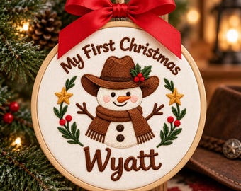 Custom Cowboy Snowman Embroidered Ornament, Western Snowman Hoop, Christmas Holiday Keepsake, Xmas Baby Shower Gift, Newborn Gift
