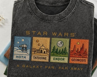 Star Wars Stamp Embroidered Mineral Wash Tee, Galaxy Map Shirt, Vintage Movie Fan Gift 2026, Sci Fi Disney Style