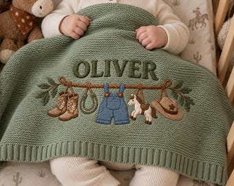Personalized Western Cowboy Embroidered Knit Baby Blanket, Cowboy Boots Overalls  Hat Clothesline Throw, Newborn Keepsake, Baby Shower Gift