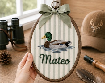 Personalized Mallard Duck Embroidered  Baby Ornament, Custom Waterfowl Name Nursery Wall Art, Baby Announcement, Door Hanger, Keepsake Gift