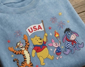 USA Winnie The Pooh 250th Embroidered Mineral Wash Tee, Tigger Eeyore Piglet Balloon Shirt, USA Independence Day, 250 Years Celebration Gift