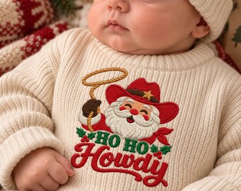 Cowboy Santa Christmas Embroidered Baby Sweater, Western Ho Ho Howdy Cowboy Hat Lasso Knit Jumper, Xmas Baby Shower Gift, Holiday Baby Gift