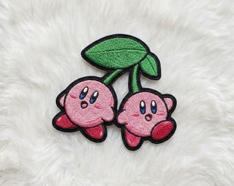 Embroidered Kirby Pink Cherry Combo, Patch Keychain Earring Set, Cute Gaming Embroidery, Iron On Patch, Kawaii Gift for Mario Fans