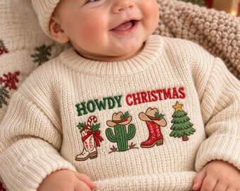 Howdy Christmas Embroidered Baby Sweater, Western Cowboy Boots Cactus Xmas Tree Knit Jumper, Xmas Baby Shower Gift, Holiday Baby Gift