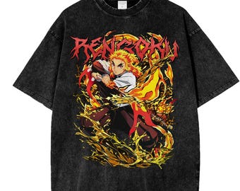 Vintage Rengoku Print Mineral Wash Tee, Unisex Shirt Gift For Him, Anime Lover, Demon Slayer Crewneck, Halloween Gift, Retro Tee PSH1684