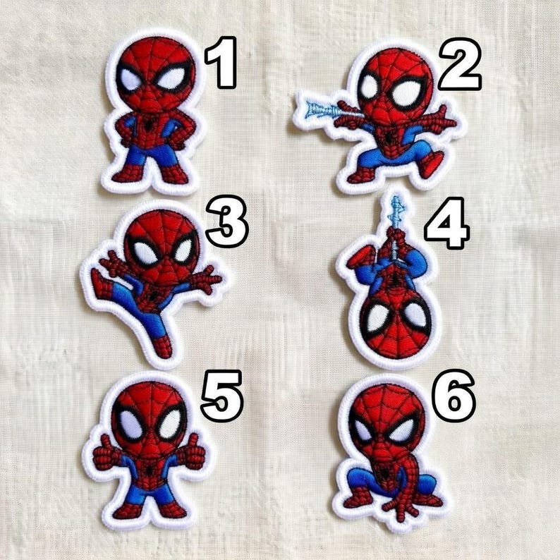 May include: Set of six Spider-Man patches. Each patch features a different pose of the superhero in his classic red and blue suit. The patches have a white border and are numbered 1 through 6.