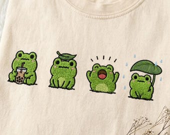 Kawaii Frog Embroidered Custom Comfort Colors T-Shirt, Cute Meme Frog Tee, Funny Aesthetic Animal Shirt, Soft Vintage Gift