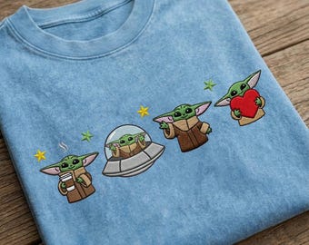 Baby Yoda Embroidered Mineral Wash T-Shirt, Grogu Star Wars Shirt, Kawaii Cartoon Tee, Disneyland Trip Outfit, Cute Fan Gift