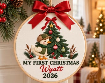Personalized Mallard Duck Christmas Embroidered Ornament, Waterfowl First Christmas Decor, Newborn Gift, Holiday Decor, Baby Shower Gift