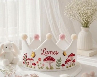 Personalized Mushroom Embroidered Birthday Crown, Custom Name Linen Party Hat, Strawberry Keepsake Gift, Butterfly Baby Crown