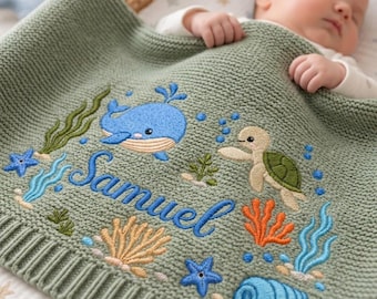 Personalized Ocean Embroidered Baby Blanket, Custom Name Underwater Nursery Keepsake, Whale Turtle Starfish Sea Life Quilt, Baby Shower Gift
