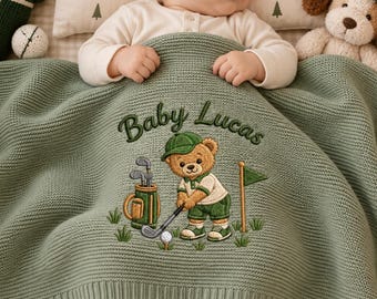 Custom Golf Teddy Bear Embroidered Baby Blanket, Personalized Name Woodland Nursery Keepsake, New Born Gift