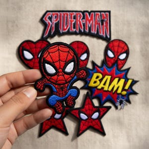 Spider-Man geborduurde patch set, Marvel Superhero opstrijkbare patches, leuke cartoon en komische stijl patches voor shirt tassen hoeden, fan cadeau afbeelding 3