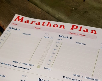 May include: A white paper marathon training plan with blue and red text. The plan includes sections for each week of training, with checkboxes for each day of the week. The text includes "Week 1", "Week 2", "Week 5", "You've got this!" and "This week will be tiring, but you've got this!"