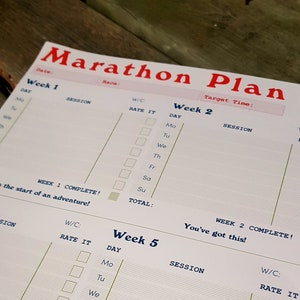 Peut inclure: Un plan d'entraînement de marathon sur papier blanc avec du texte bleu et rouge. Le plan comprend des sections pour chaque semaine d'entraînement, avec des cases à cocher pour chaque jour de la semaine. Le texte comprend "Semaine 1", "Semaine 2", "Semaine 5", "Vous avez ça !" et "Cette semaine sera fatigante, mais vous avez ça !"
