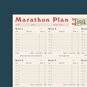 Può includere: Un piano di allenamento per la maratona stampabile con uno schema di colori verde e rosso. Il piano include un programma settimanale per cinque settimane, con sezioni per il giorno della settimana, la sessione, la valutazione e il totale. Il testo "TRUST" è in un riquadro rosso con sfondo bianco.