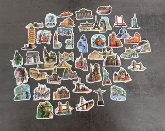 Stickers, stickers - travel, landmarks, world sights - stickers - waterproof and very stable - 25 pieces - for journal scrapbooking