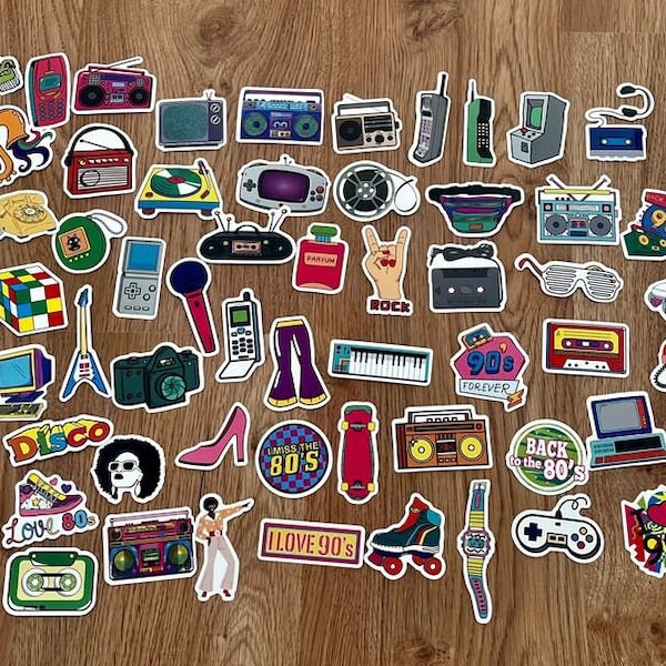 80er, 90er Jahre - Retro - Sticker, Aufkleber - Wasserfest & sehr stabil - 25 Stück - für Journal, Scrapbooking