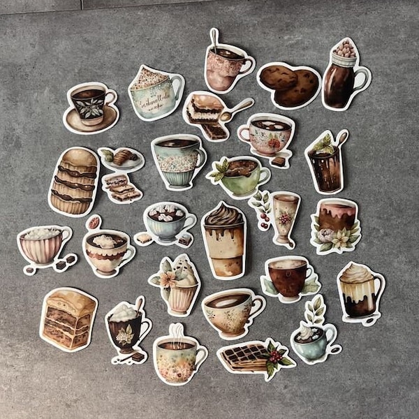 Kaffee, Cappuccino, Kaffeepause - Sticker - Aufkleber - Wasserfest & sehr stabil - 25 Stück - für Journal, Scrapbooking