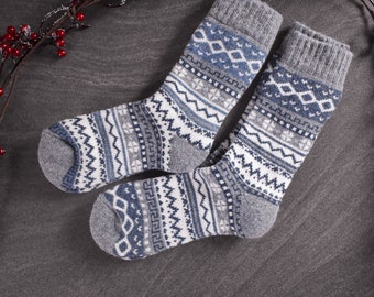 Wool socks, cozy socks with alpaca wool - blue with pattern