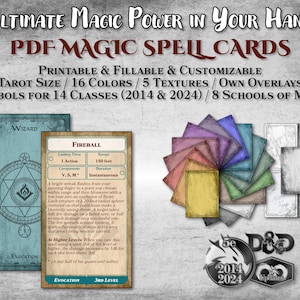 Cartas de hechizos DnD en formato PDF, tamaño Tarot, rellenables para cada clase, personalizables, imprimibles, regalo de Dungeon Master, Dungeons and Dragons, D&D 5e