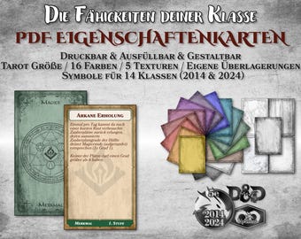 DnD Klassen Eigenschaften Karten PDF Tarot Größe alle Klassen druckbar Zubehör Dungeon Master Geschenk Dungeons and Dragons D&D 5e